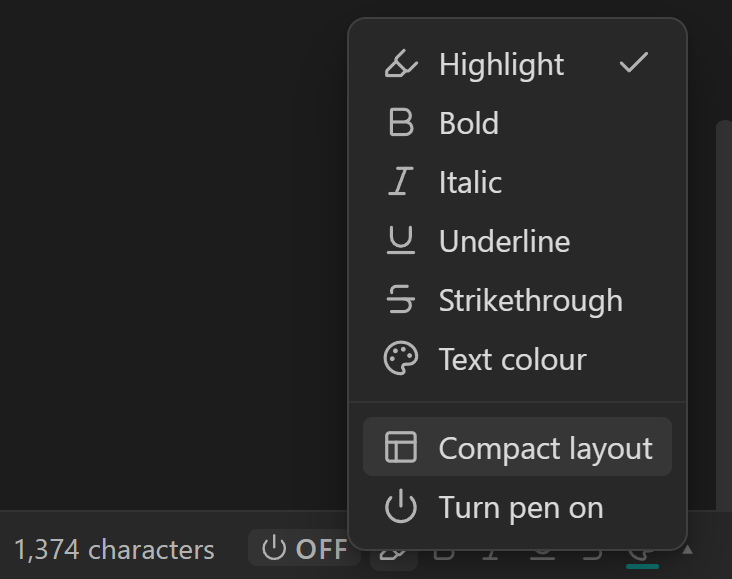The style menu, with the layout and power switches at the foot of it
