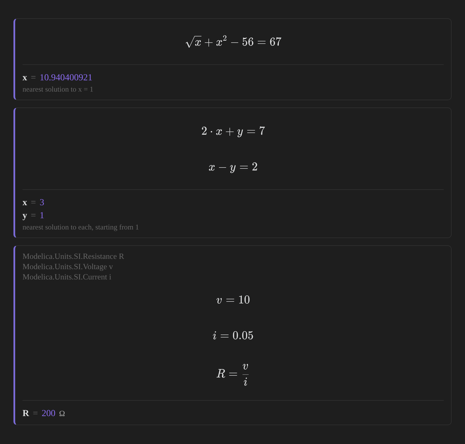 The same three solve blocks (dark theme)