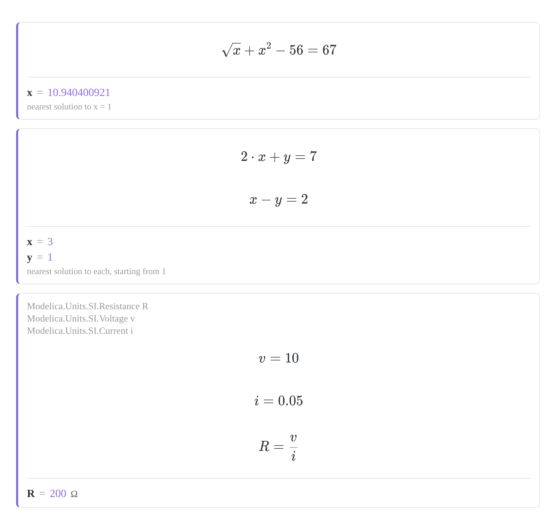 Three solve blocks in a note: an equation with the unknown on both sides, a system of two equations, and Ohm's law with a unit (light theme)
