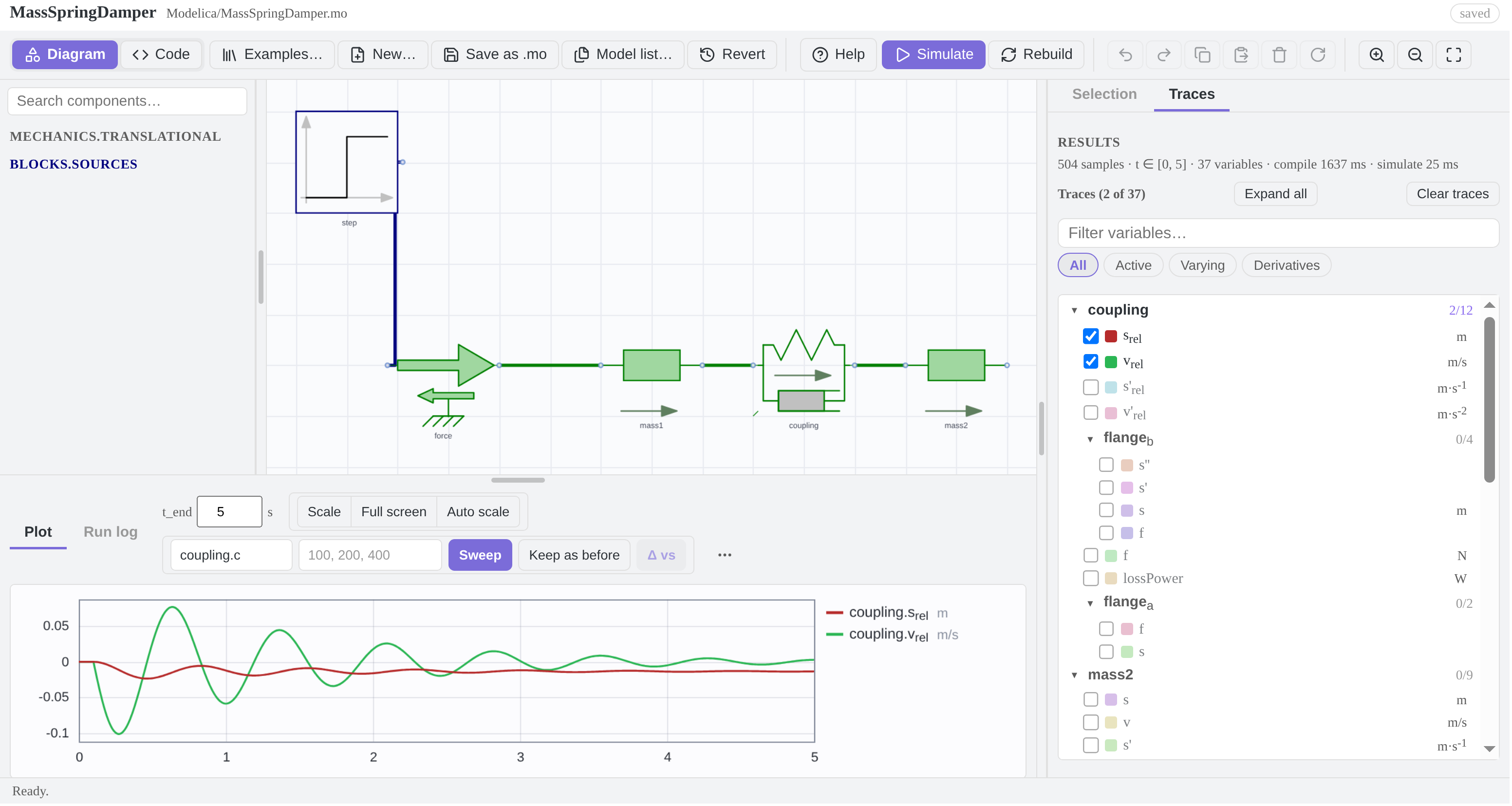 The whole Modelica Studio: palette, diagram canvas, inspector and result pane (light theme)