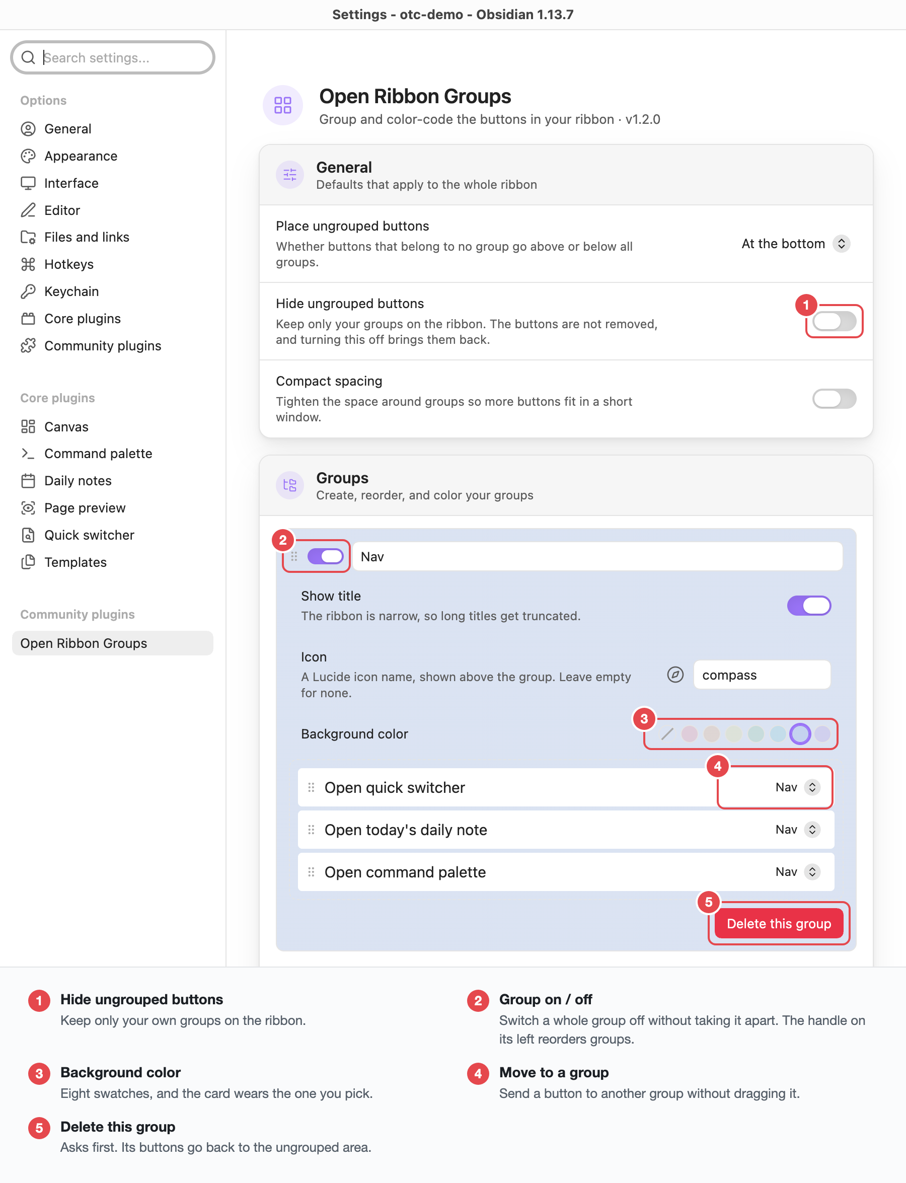 The plugin's settings tab, annotated: hide ungrouped buttons, the group on/off toggle, the color swatches, the move-to-group dropdown and the delete button