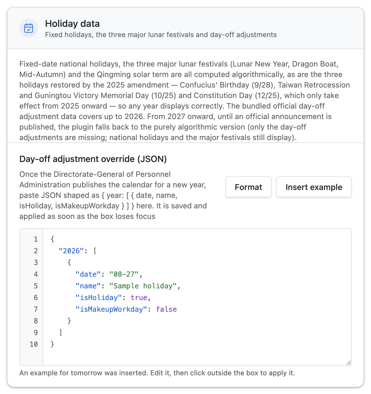 The Holiday data section of the settings page, with the day-off adjustment override JSON editor