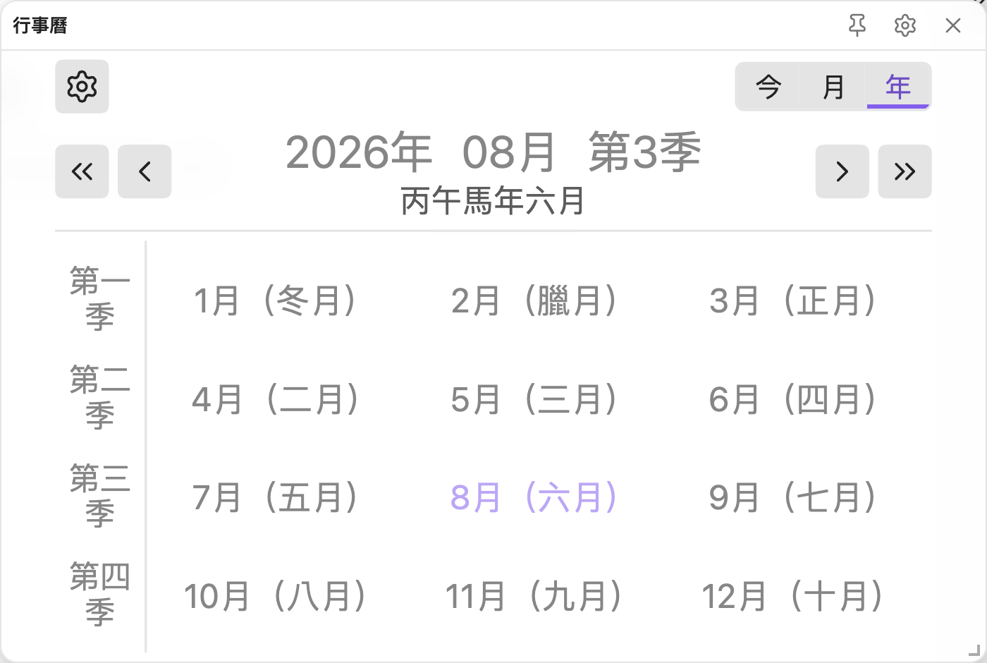 年檢視，十二個月與對應的農曆月份