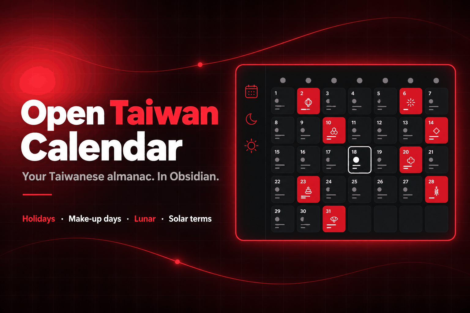 Open Taiwan Calendar — public holidays, substitute days, lunar dates and solar terms for Obsidian