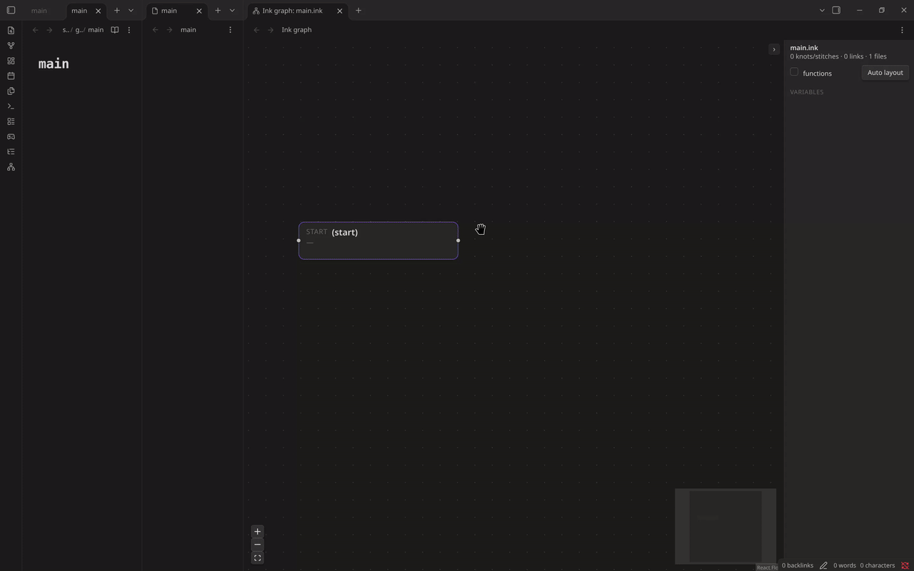 Building a small story on the graph: an empty file, new knots dragged out of the start block, a link between two of them, the text appearing in the editor and the player