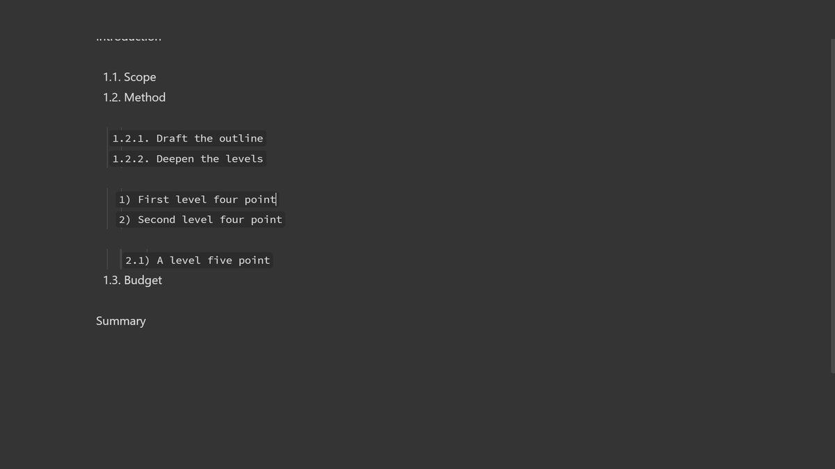 Multilevel Number Indent in Obsidian: 1. / 1.1. / 1.2.1. down to 1) and 2.1)