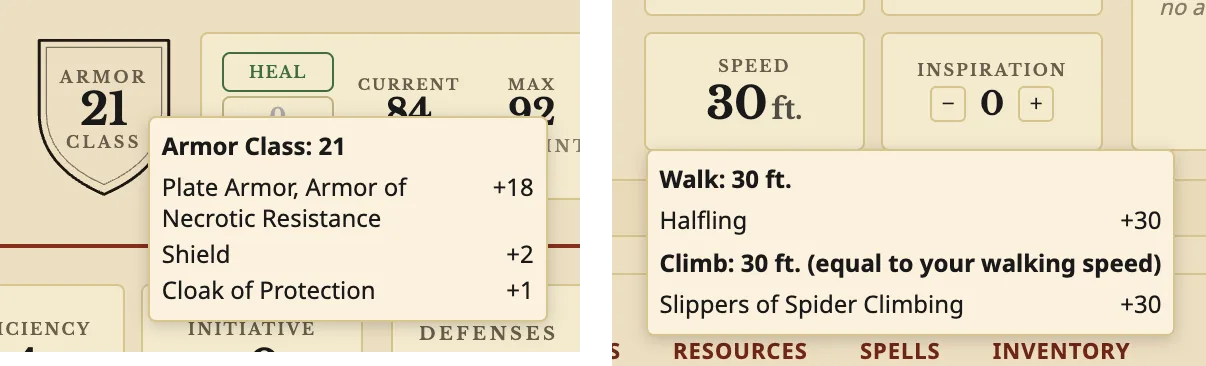Hovering Armor Class and Speed on the sheet. Armor Class 21 adds up Plate Armor (Armor of Necrotic Resistance) +18, Shield +2 and Cloak of Protection +1. Speed shows a walking speed of 30 ft. from Halfling and a climbing speed of 30 ft. from Slippers of Spider Climbing.