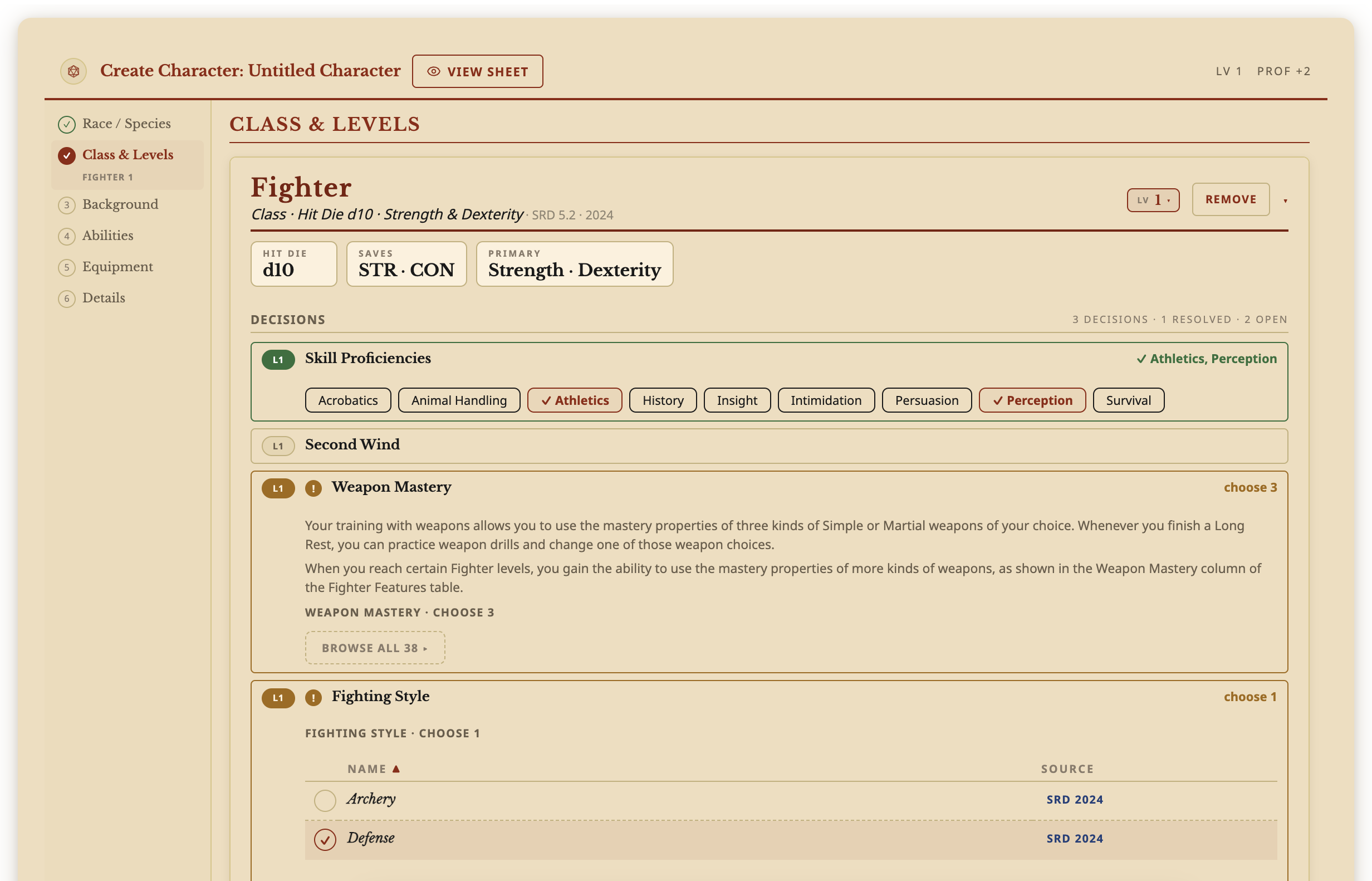 The Builder on the Class & Levels step: a level 1 Fighter with skill proficiencies picked, Weapon Mastery still open, and Defense chosen as the Fighting Style.