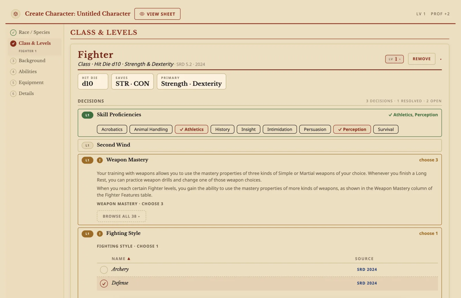 The Builder on the Class & Levels step: a level 1 Fighter with Athletics and Perception picked as skills, Weapon Mastery still to choose, and Defense picked as the Fighting Style.