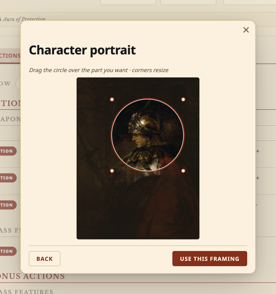 The Character portrait window: a painting of a knight in armour, with the circle dragged over his helmeted head and shoulders, and the Back and Use this framing buttons.