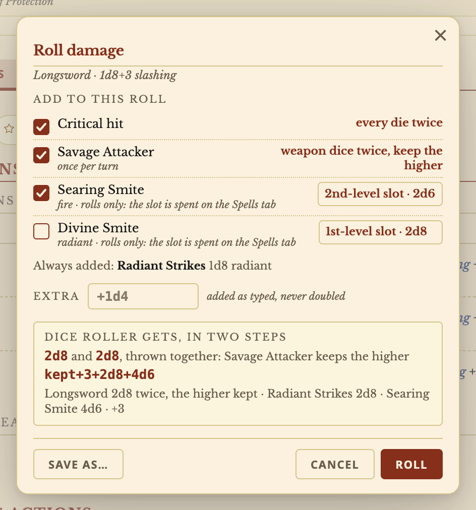 The Roll damage window for a Longsword with Critical hit, Savage Attacker and a 2nd-level Searing Smite ticked, showing the whole roll before it is made.