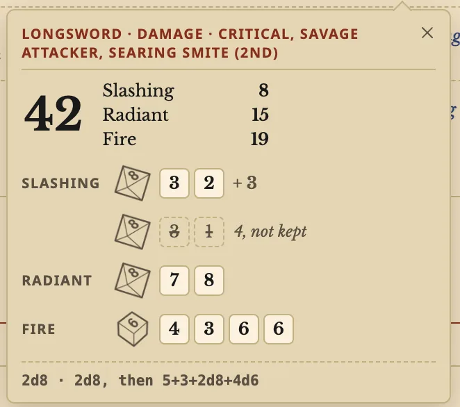 A critical Longsword hit with Savage Attacker and a 2nd-level Searing Smite: 42 damage, split into Slashing 8, Radiant 15 and Fire 19, with every die shown and the Savage Attacker dice that were not kept struck through.