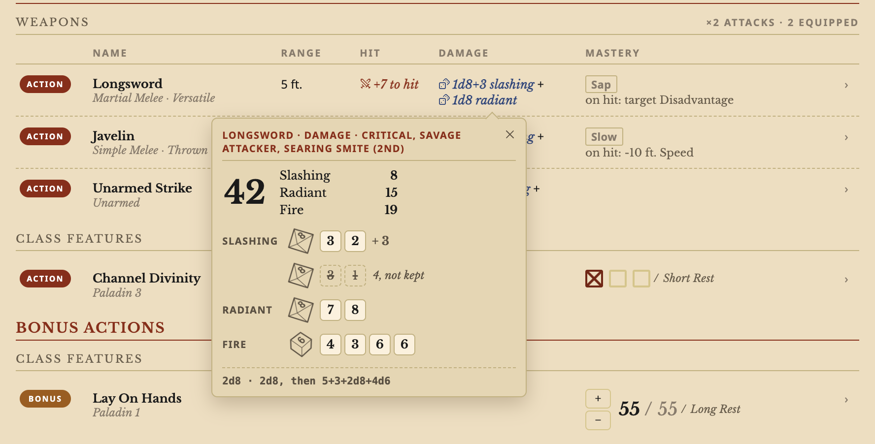 A critical Longsword hit with Savage Attacker and Searing Smite: 42 damage, split into Slashing 8, Radiant 15 and Fire 19, with every die shown and the Savage Attacker dice that were not kept struck through.