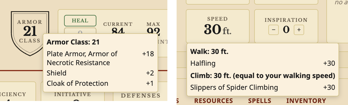 Hovering Armor Class and Speed on the sheet. Armor Class 21 adds up Plate Armor (Armor of Necrotic Resistance) +18, Shield +2 and Cloak of Protection +1. Speed shows a walking speed of 30 ft. from Halfling and a climbing speed of 30 ft. from Slippers of Spider Climbing.