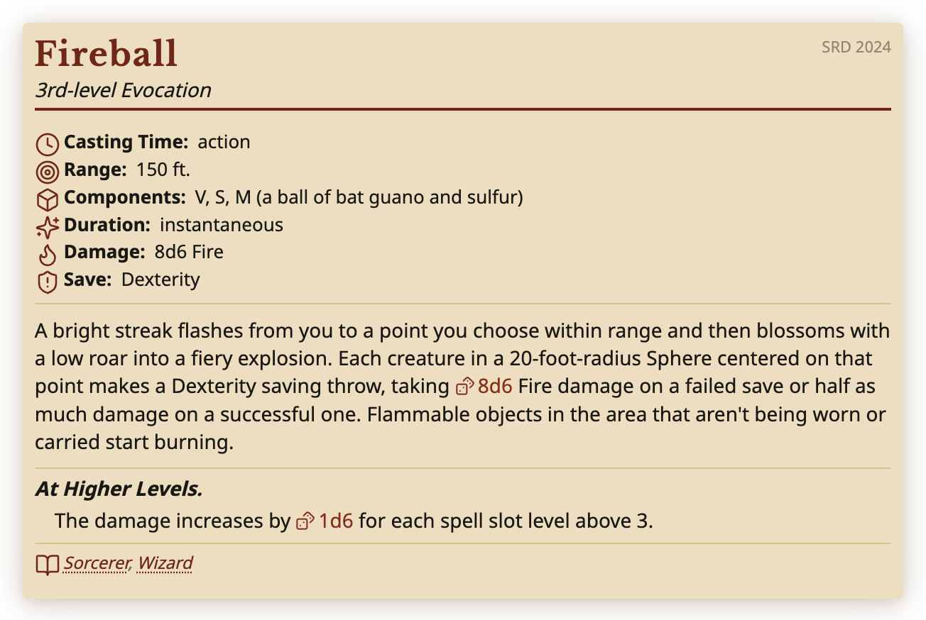 The Fireball spell block: casting time, range, components, duration, damage and save, the description with a clickable 8d6, At Higher Levels, and links to the Sorcerer and Wizard classes.