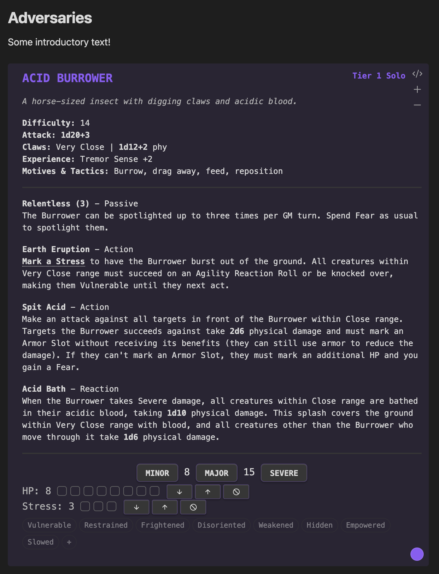 Arroweds Adversary Bank: a rendered Daggerheart stat block embedded in an Obsidian note