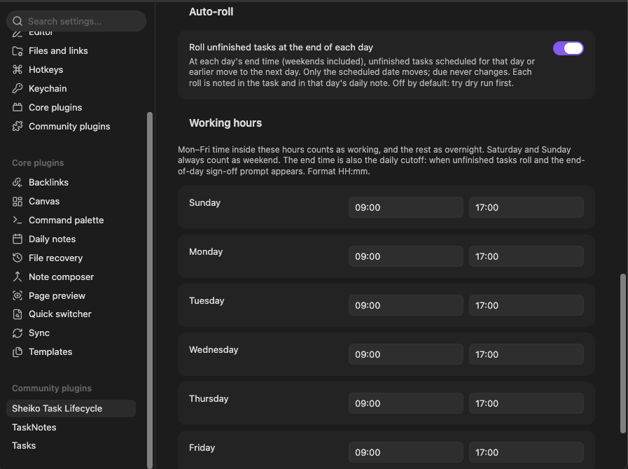 Settings: Auto-roll toggle and the per-weekday working-hours table