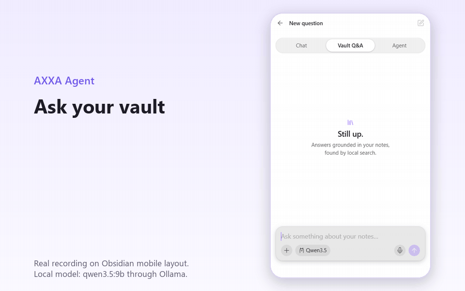 A real recording on the Obsidian mobile layout: a question about the vault, then an answer that cites the notes it came from