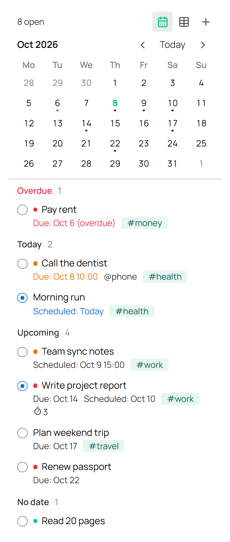 Sidebar tasks panel