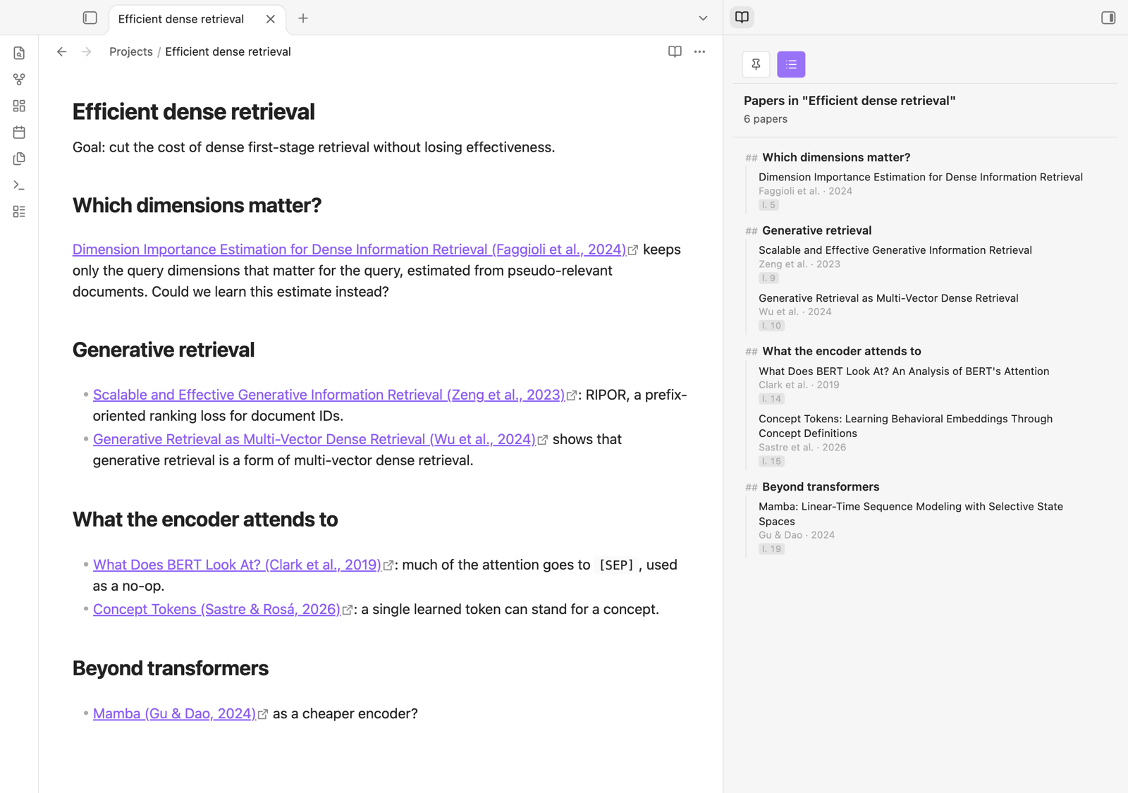 The Papers list of a project note: six papers grouped under the note's headings, each with its authors, year and line number