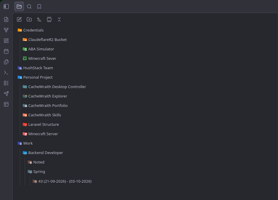 The Obsidian file explorer with Shard Icons: folders shown with Cloudflare, Minecraft, Laravel, Spring and other colored folder icons