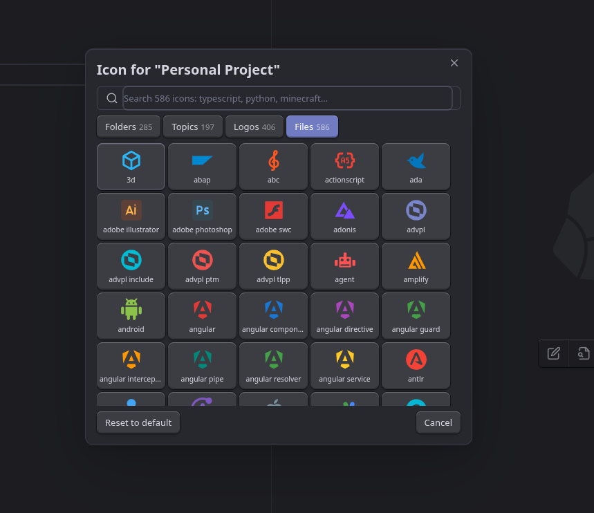 Files tab: file icons such as Android, Angular, Adobe Illustrator and Adobe Photoshop