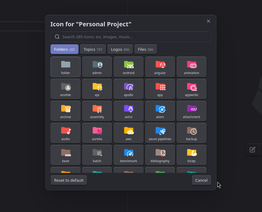 Folders tab: Material Icon Theme folder icons such as admin, android, angular, api and archive