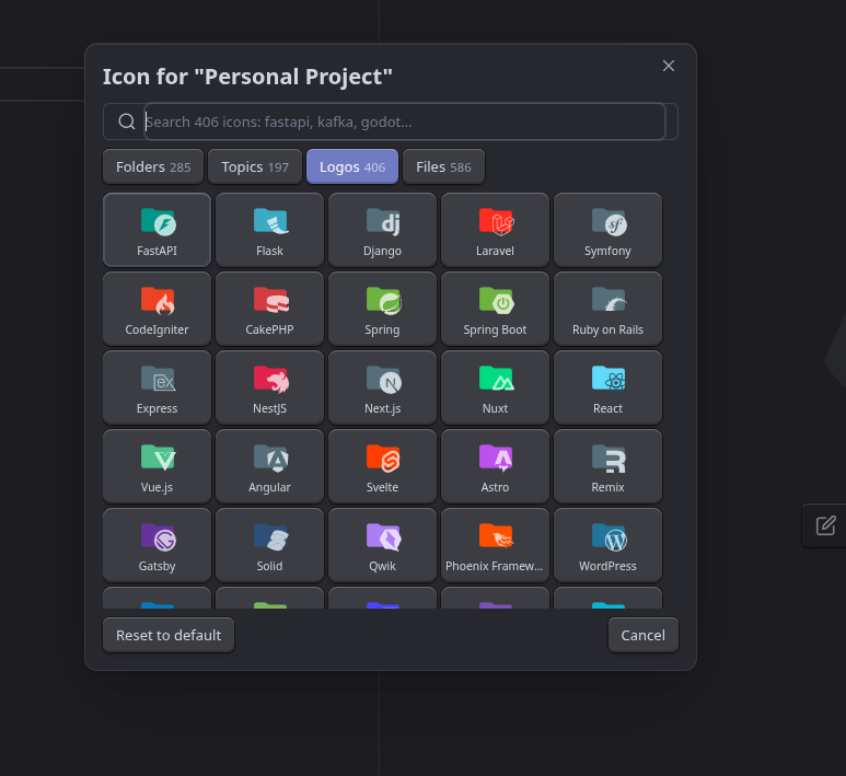 Logos tab: brand folders such as FastAPI, Django, Laravel, Spring, React and WordPress