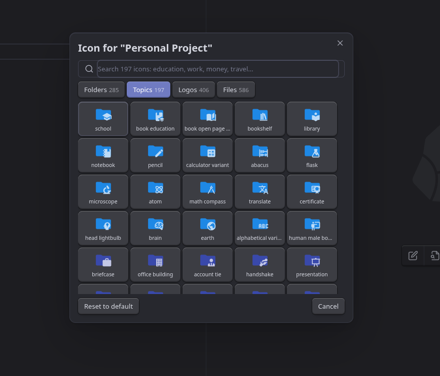 Topics tab: everyday folders such as school, library, notebook, briefcase and presentation