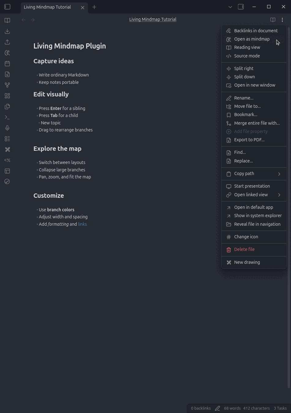 Living Mindmap editing a Markdown note
