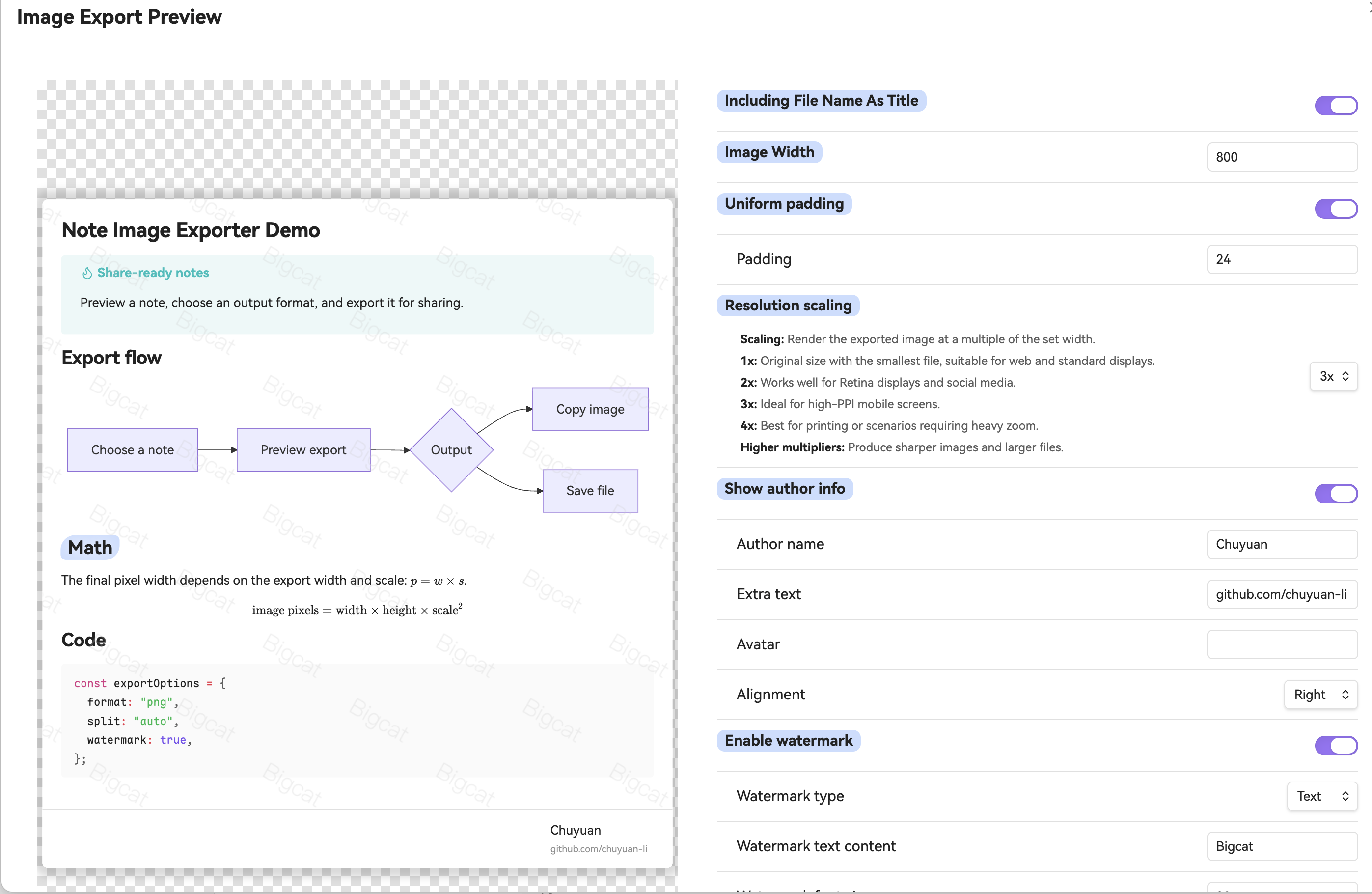 Image export preview with export settings