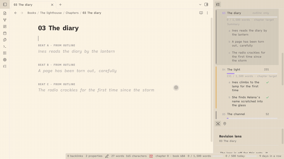 Writing under the outline: a chapter's planned beats show as faint labels in the editor; typing under one ticks it off, with the quotes curled and the ellipsis set as you type, and a new beat is added from the outline.