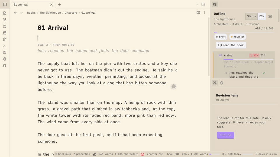 Publishing a chapter: "Publish next chapter" stops on a placeholder, the line is written and the chapter published, then the book is exported as an EPUB with a preview.