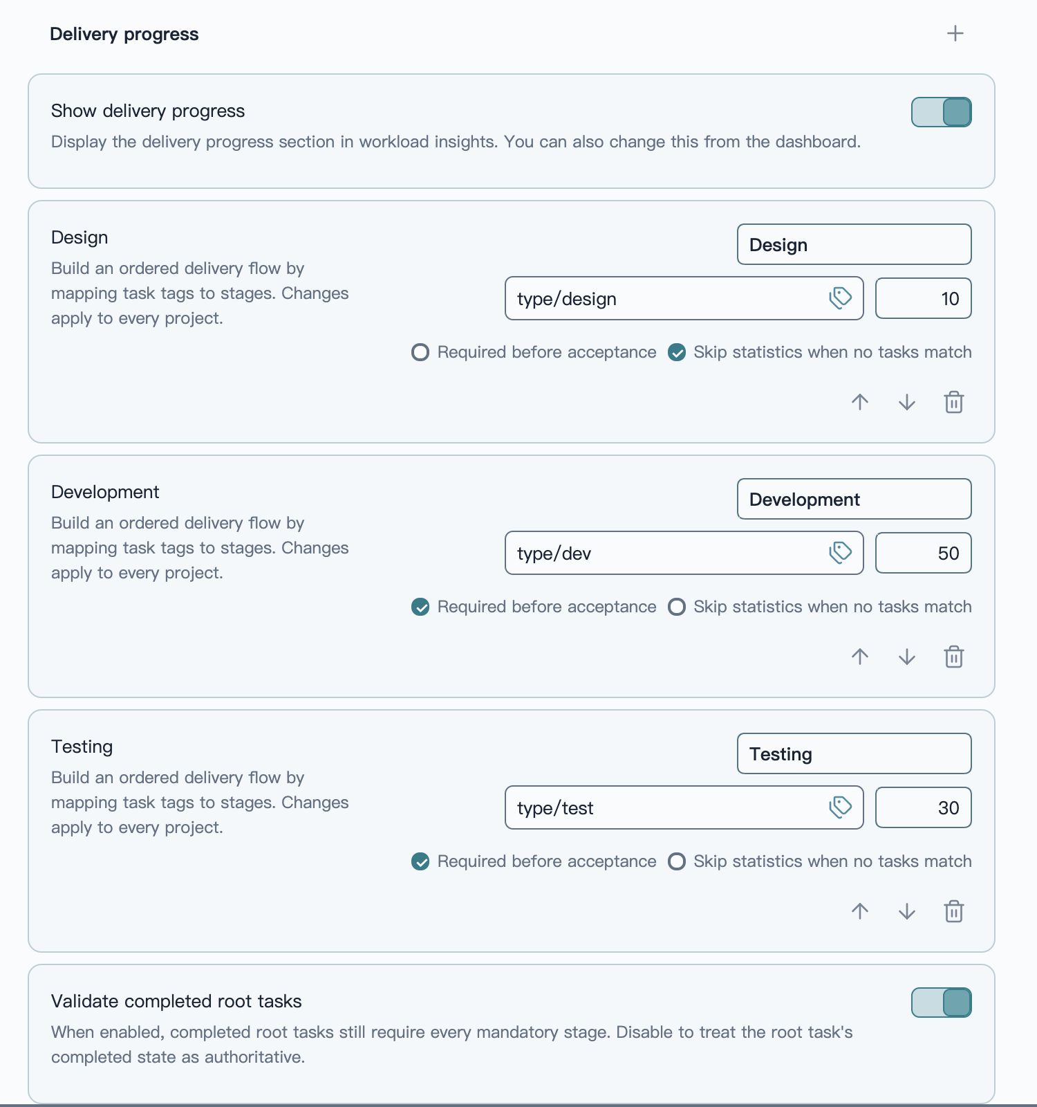Focused PM Insights delivery-progress settings showing design, development, and testing stage names, tag mappings, weights, acceptance prerequisites, and empty-stage rules