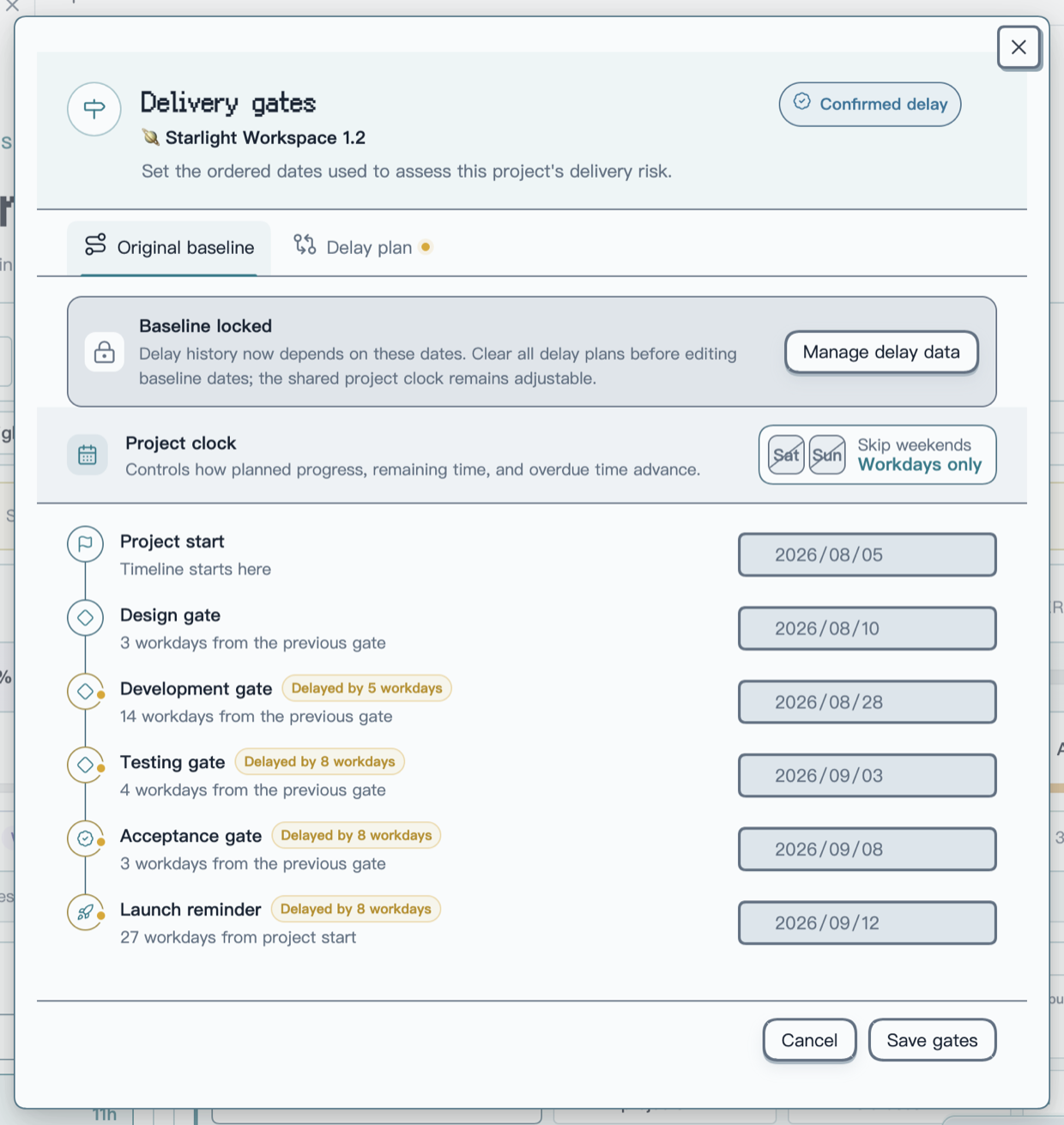 Focused view of the redesigned PM Insights Original baseline tab with a locked-baseline notice, project clock, stage gates, delay markers, and launch reminder