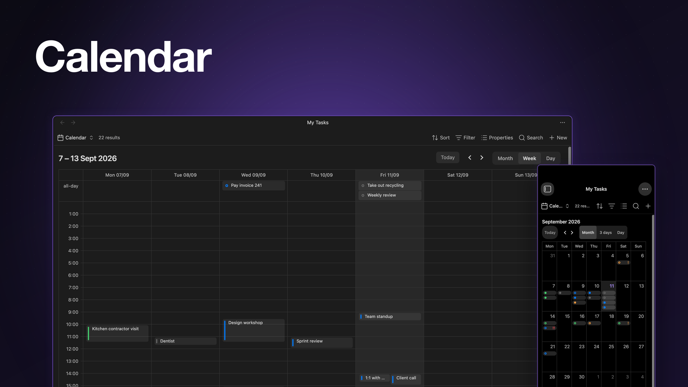 Isotask calendar view on desktop and mobile