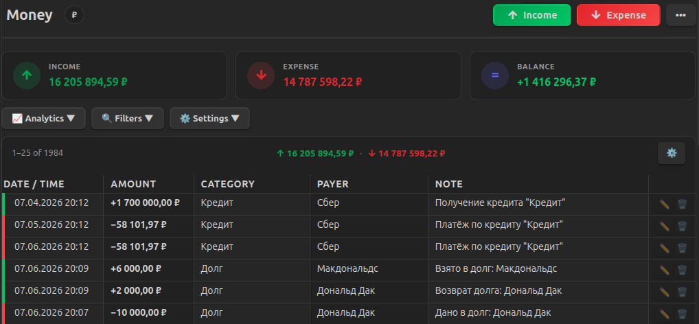 Finance-account code block in a note