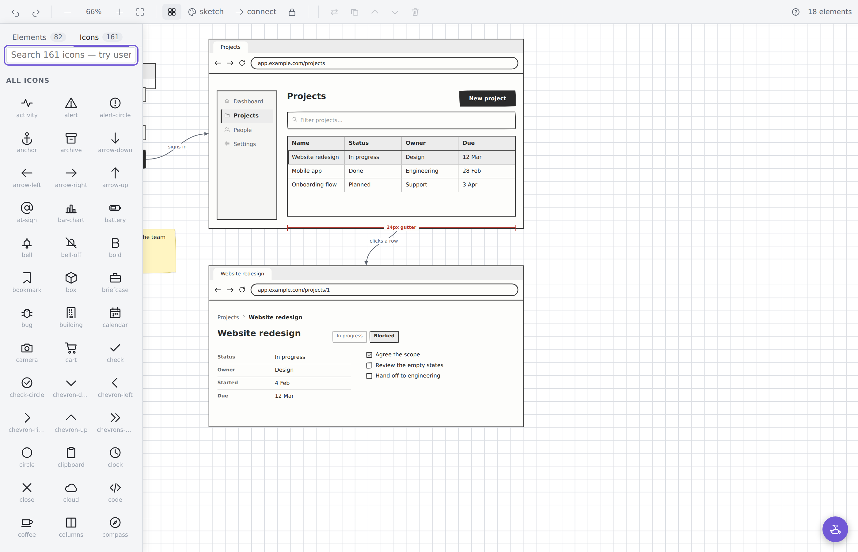 The icon browser: 161 icons in a searchable grid