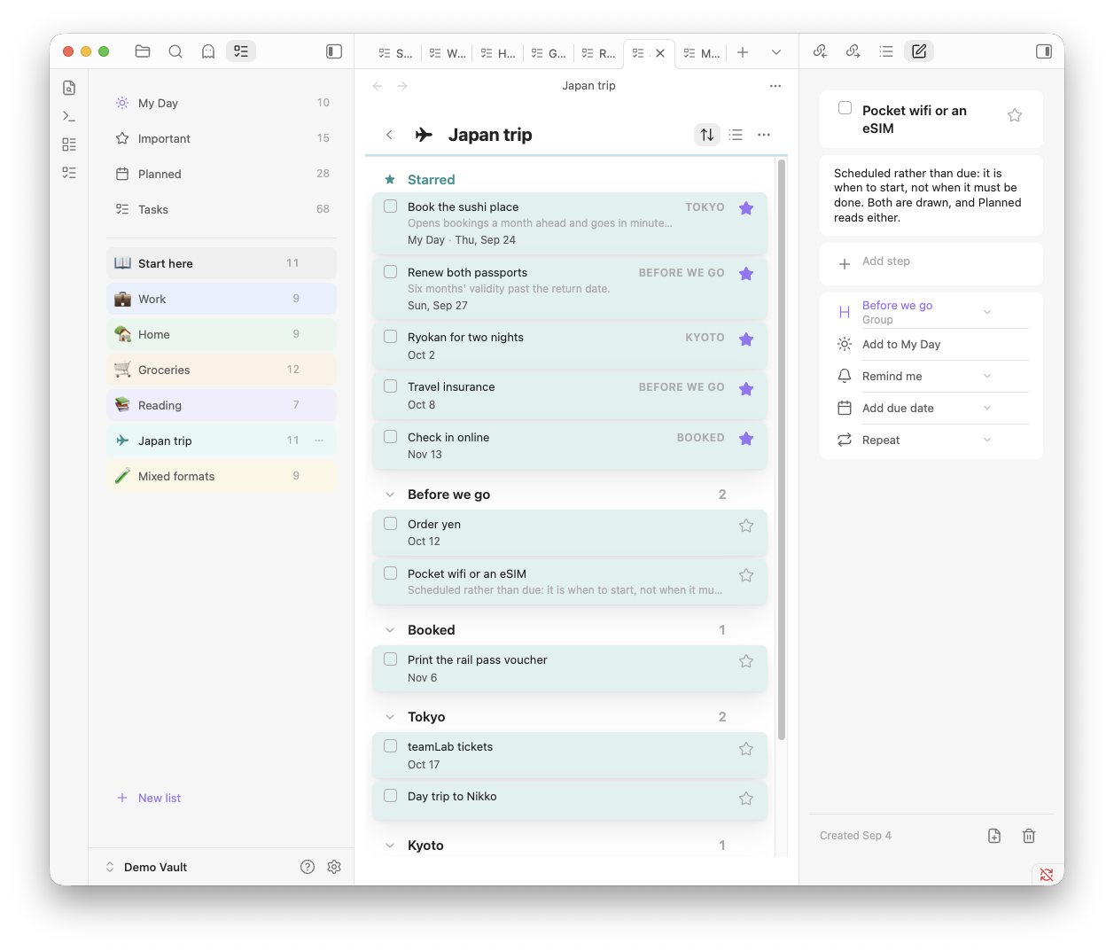 A list open on the desktop: the picker and its four cross-list views on the left, the Japan trip list in the middle with a starred band and four groups, and a task open in Obsidian's right panel.