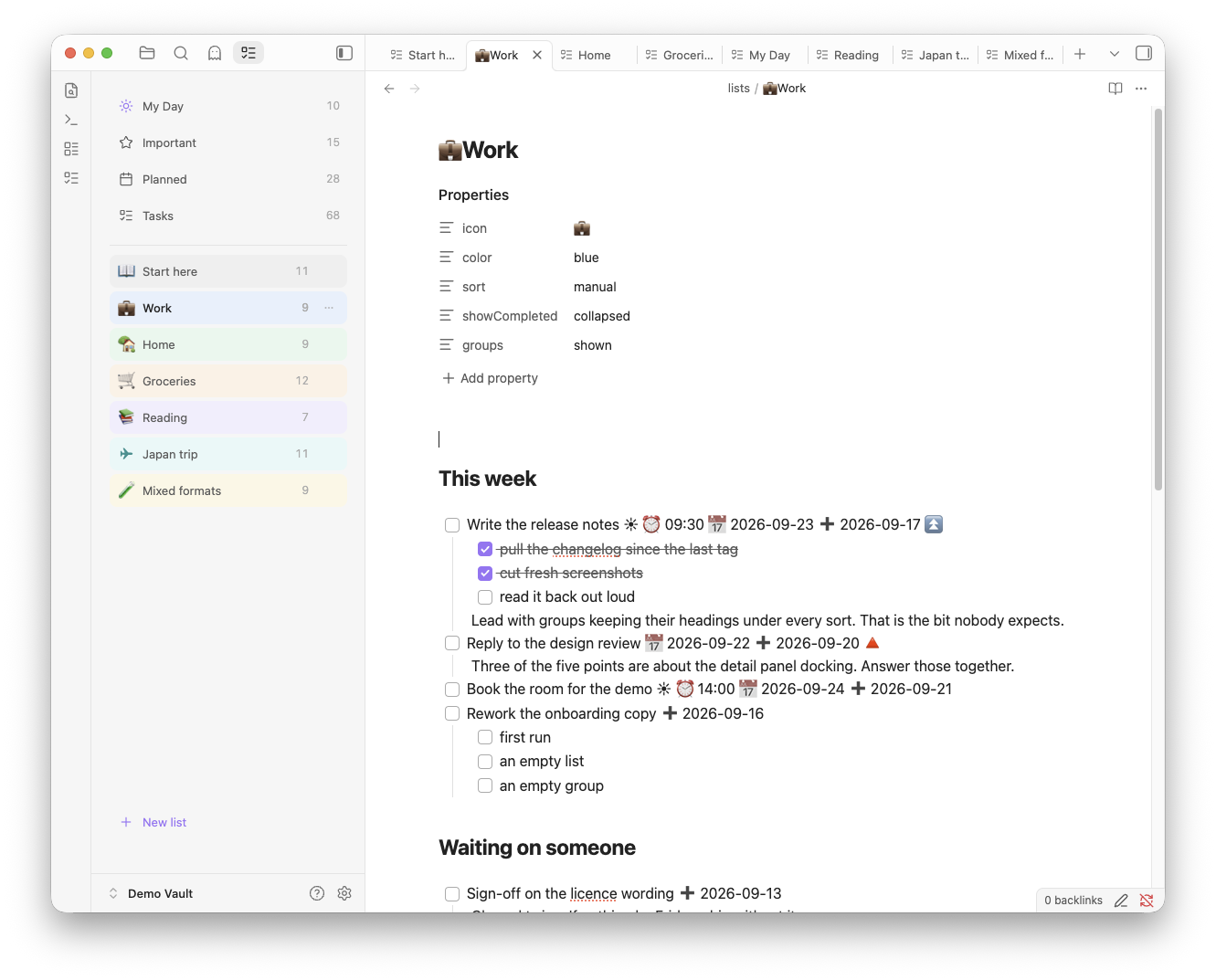 The same Work list opened as markdown: the list's settings in frontmatter, and one task per line with its dates and steps.