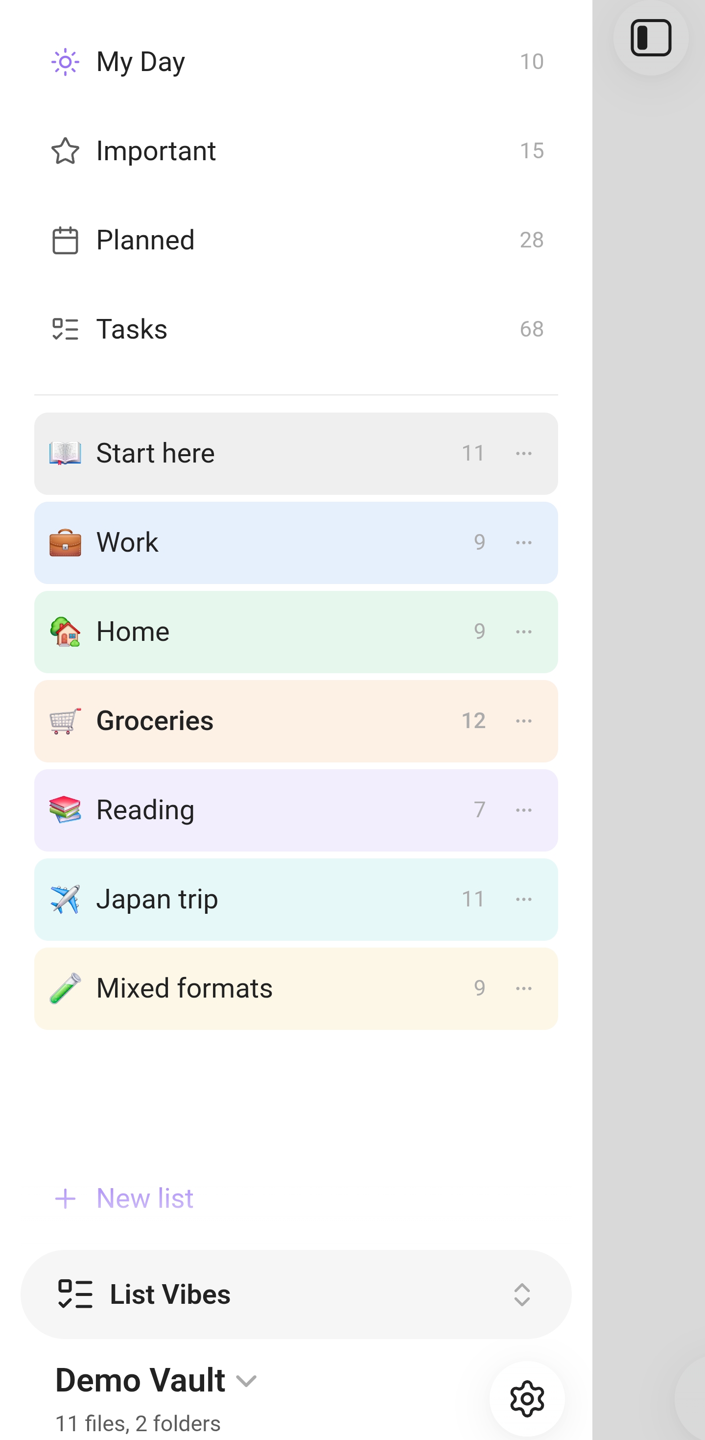 The list picker on a phone, with the four cross-list views above seven coloured lists.