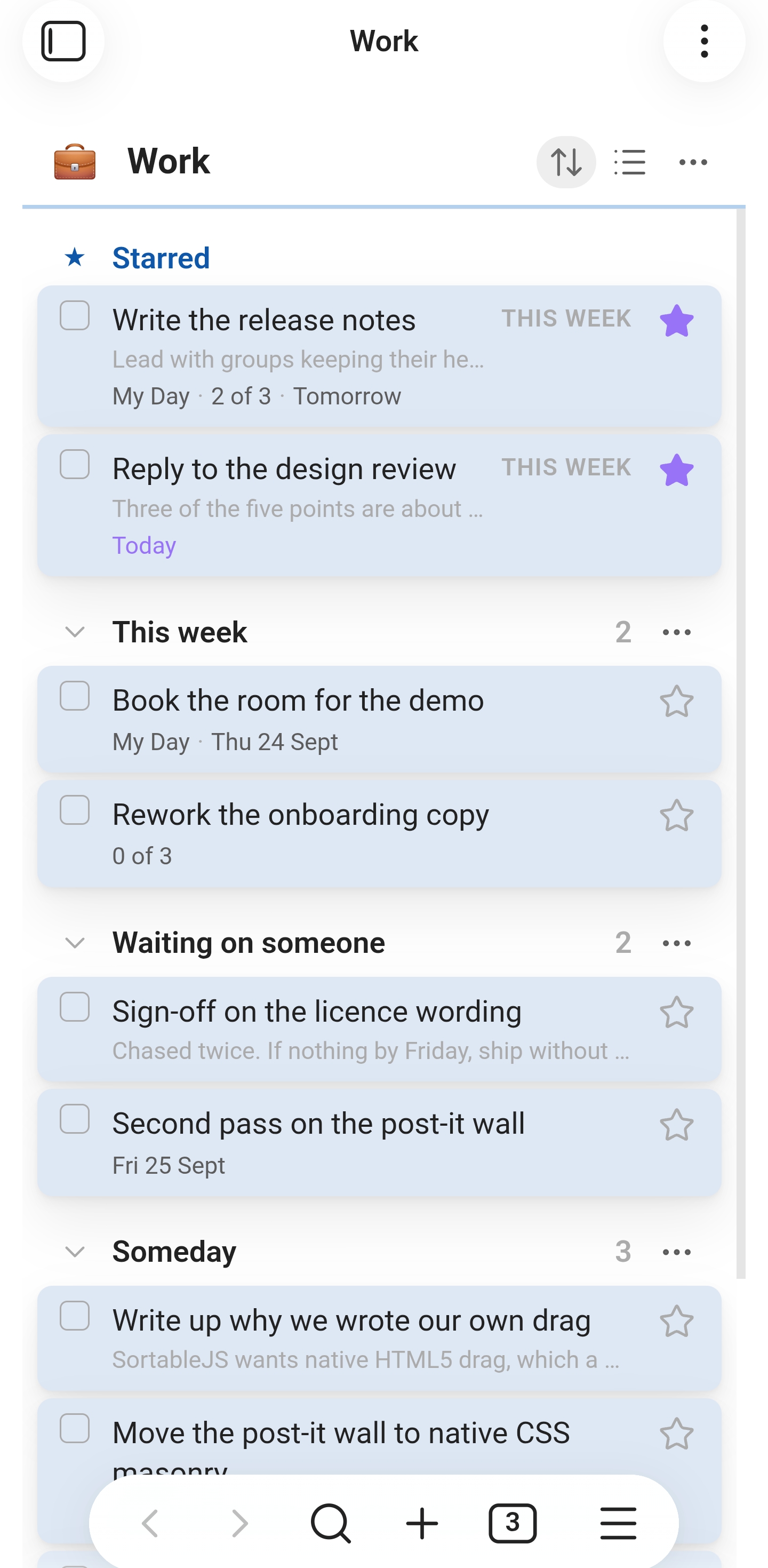 The Work list on a phone, collapsed to a single pane with its starred band and groups intact.