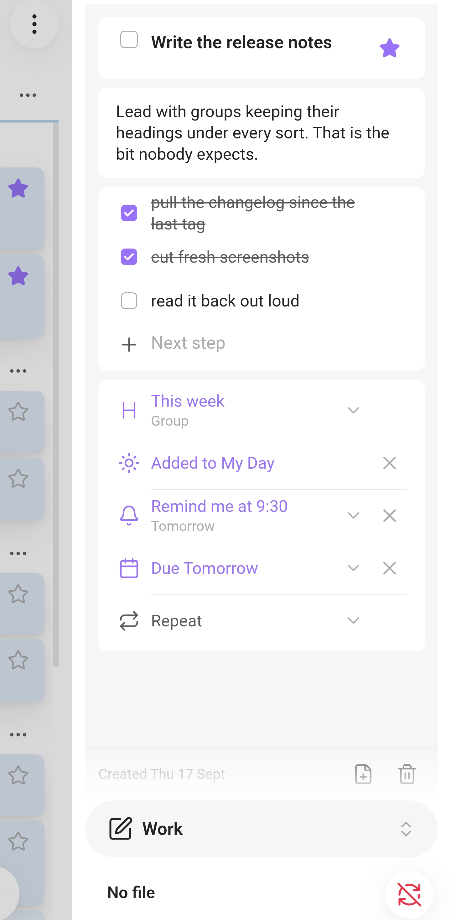 A task open as a drawer over the list: note, steps, group, My Day, a reminder, a due date and repeat.