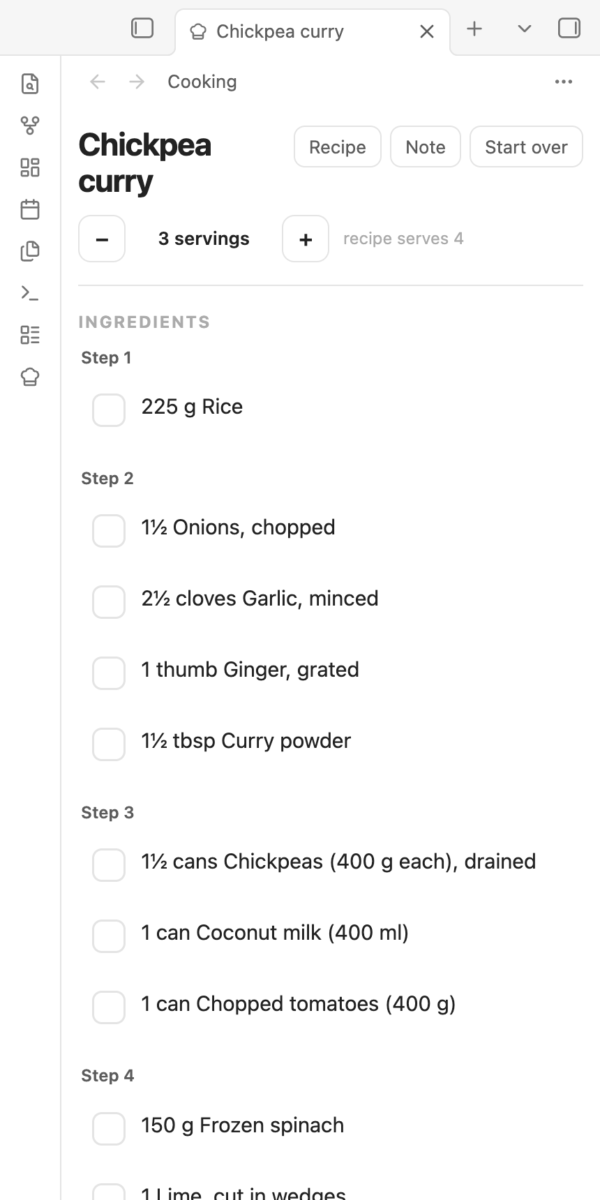 Cook mode on a phone-sized window