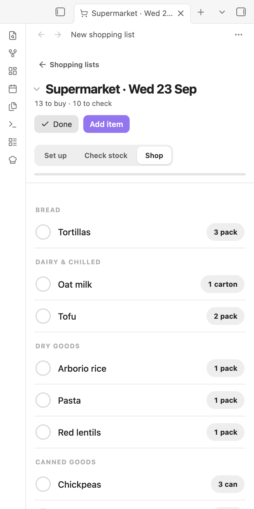Shopping list on a phone-sized window