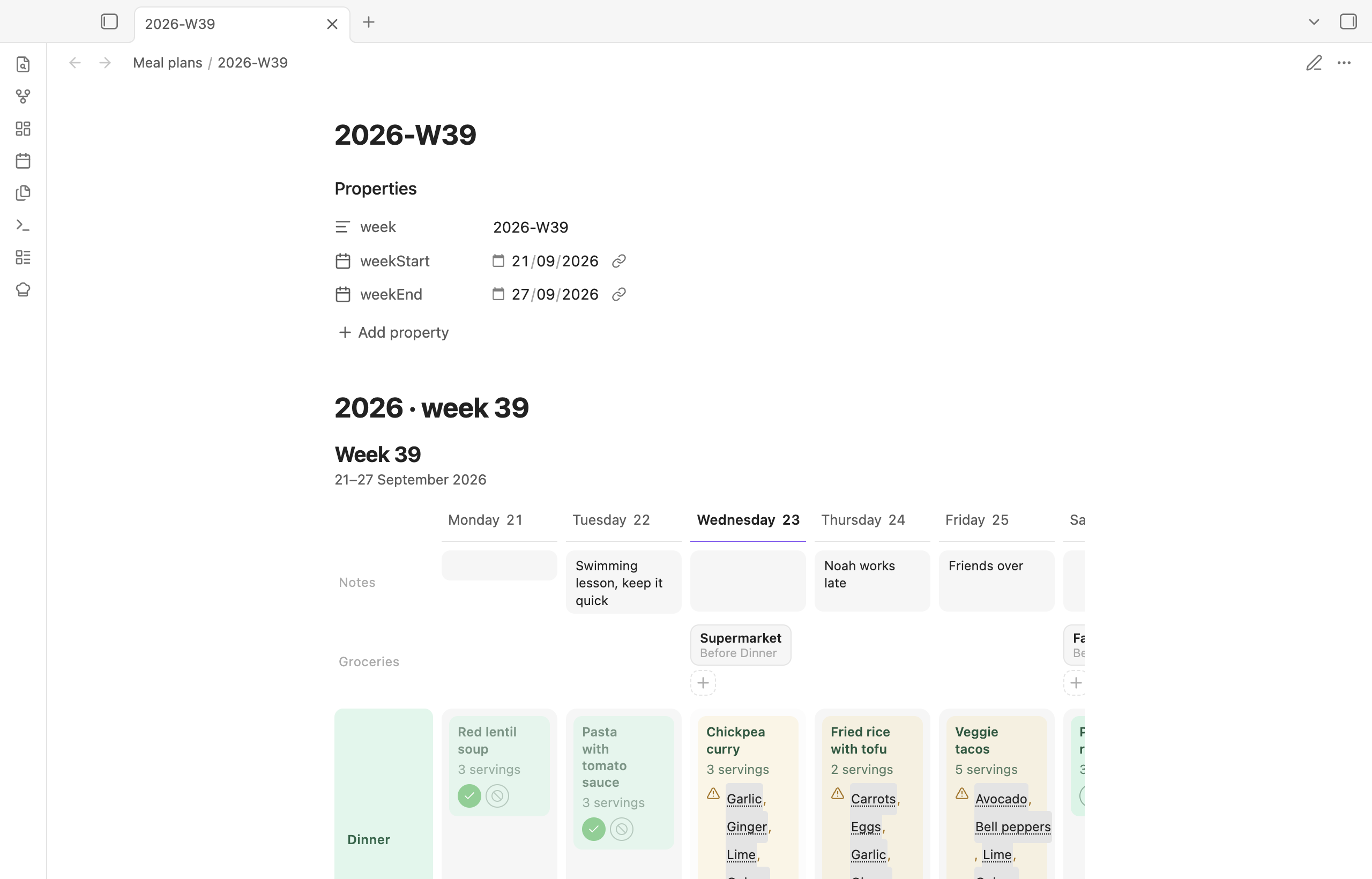 A weekly plan note, with the planner rendered inside it