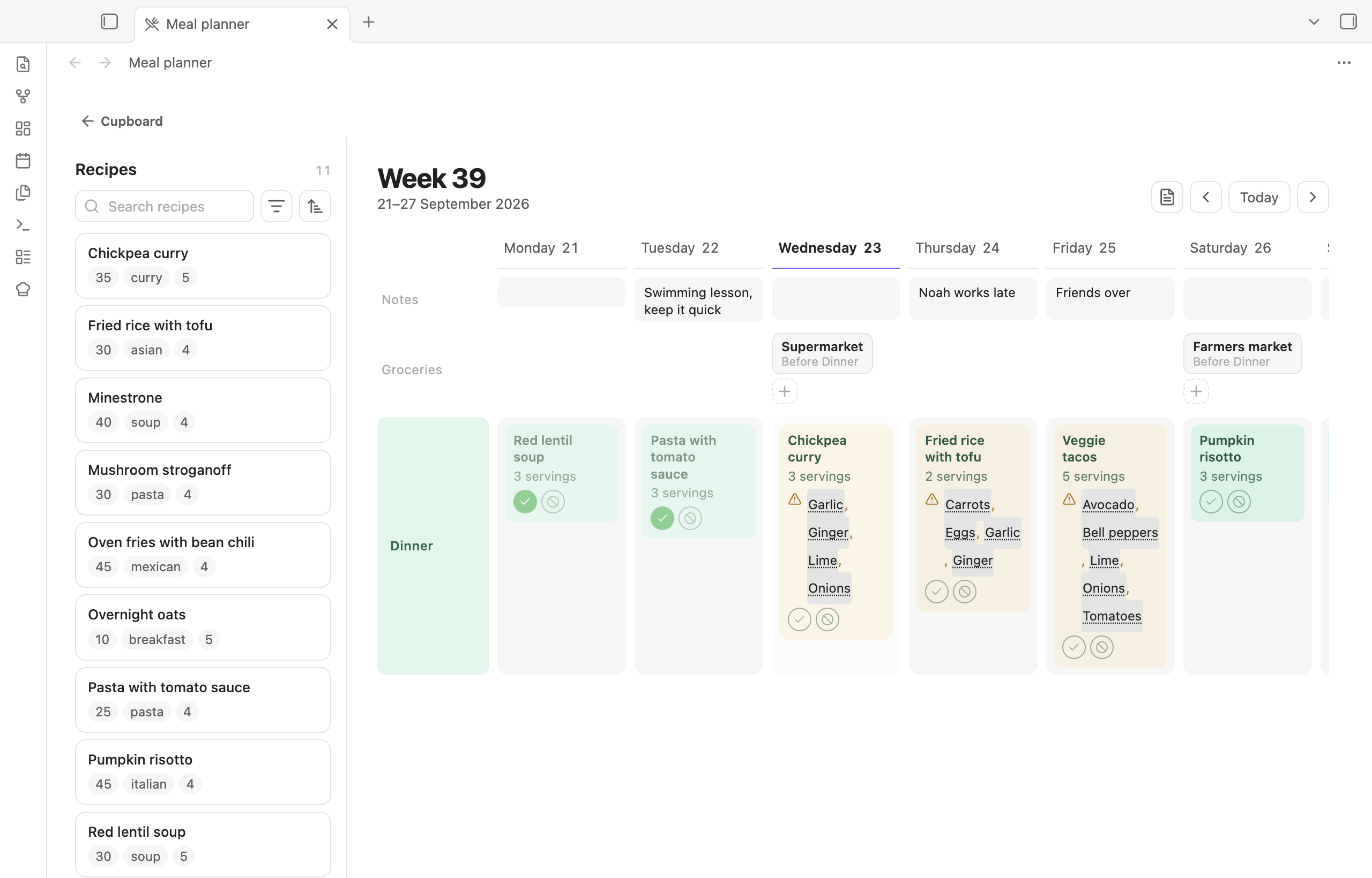 The meal planner: a week of dinners with the recipe list beside it