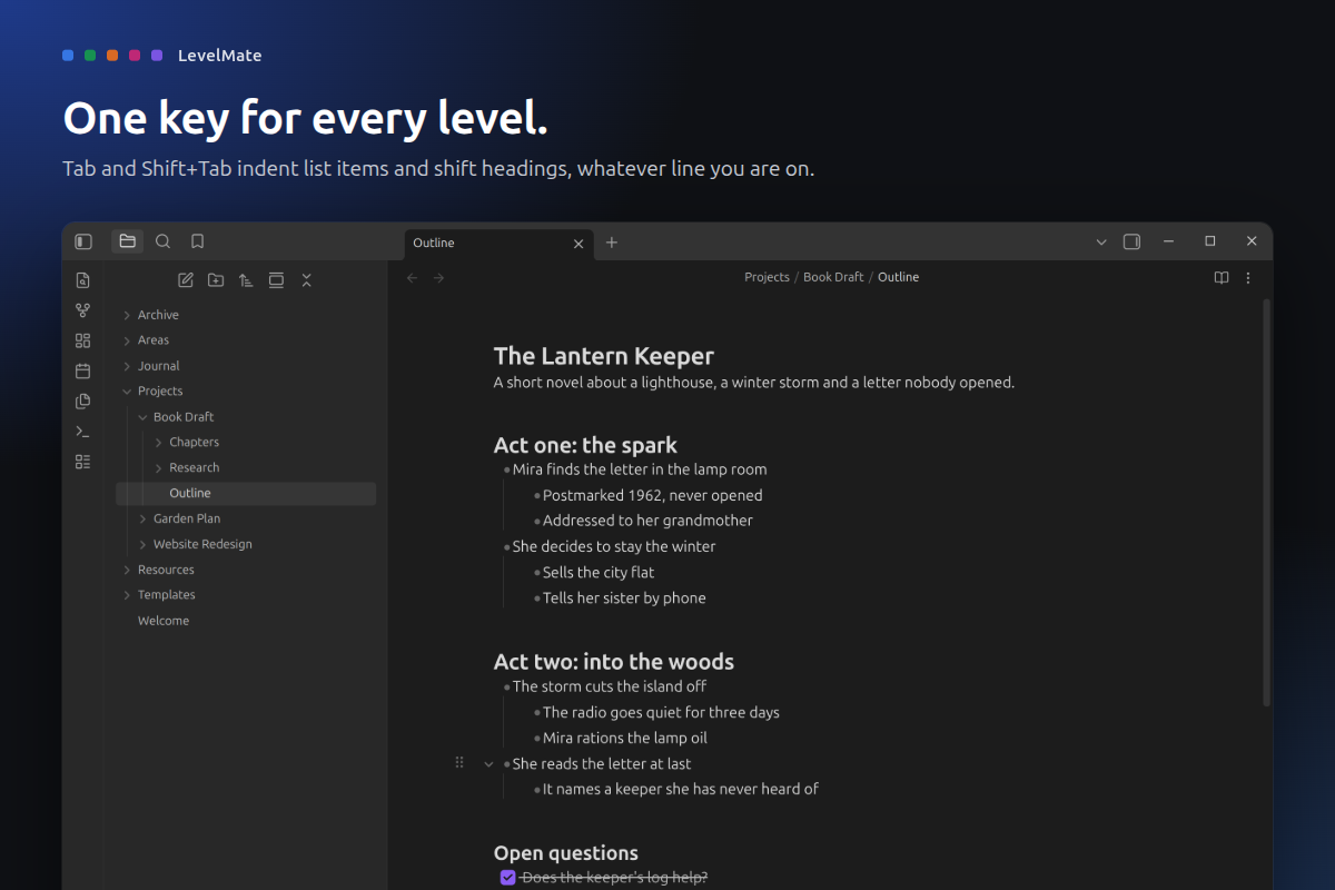 LevelMate in an Obsidian note with nested lists, headings and indentation lines