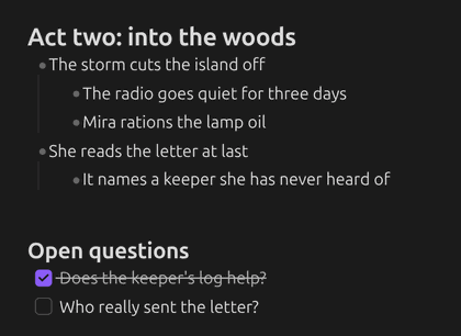 A list item indenting with its sub-item on Tab, then a heading going from ## to ### with its sub-heading following