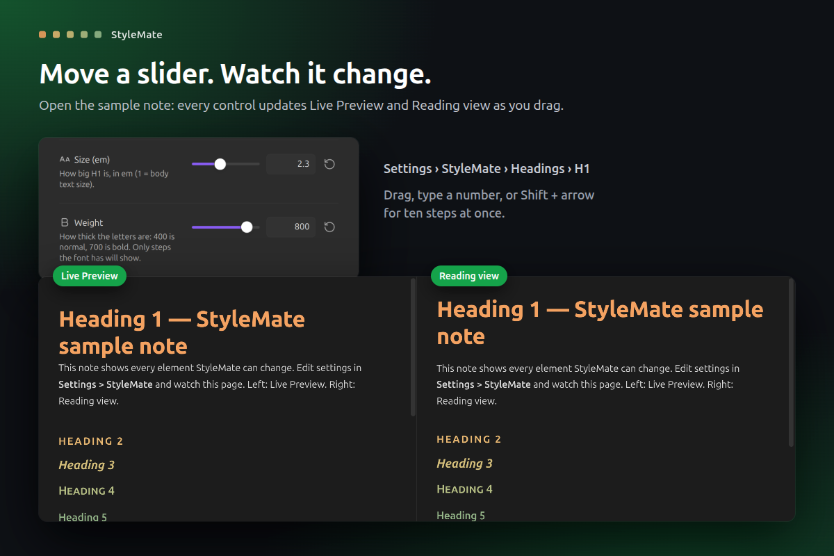 Move a slider and the sample note follows, in Live Preview and Reading view